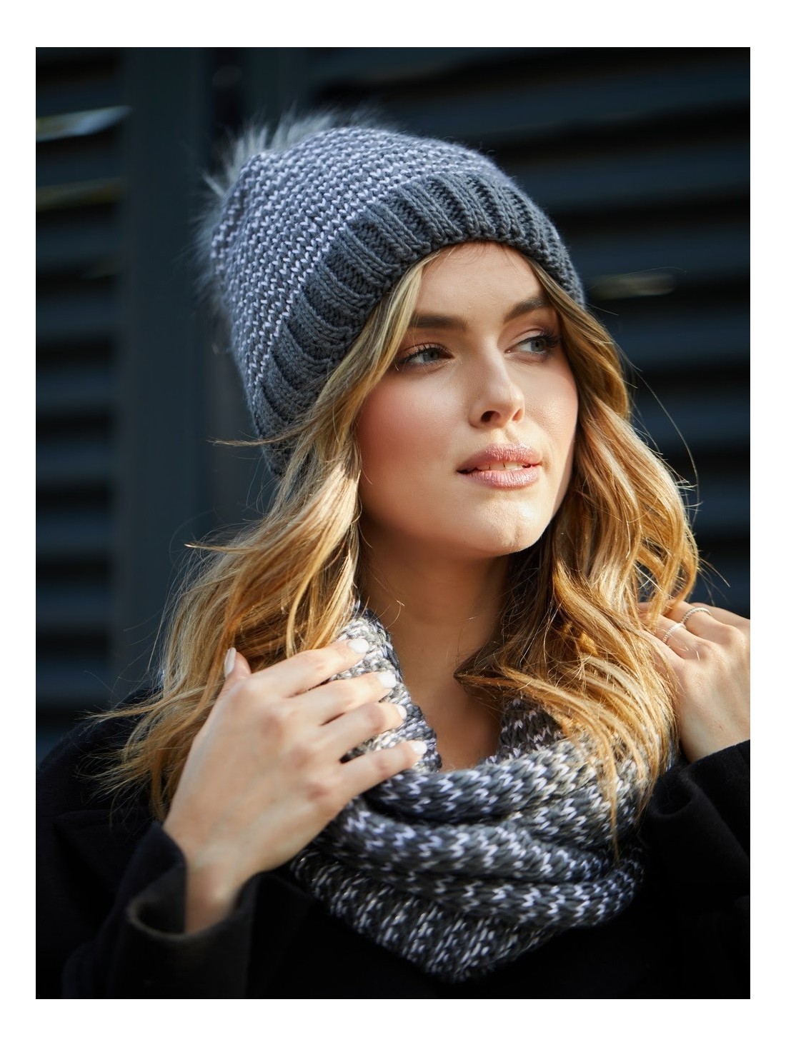 Winter set of hat with herringbone scarf, graphite C45 - Online store - Boutique